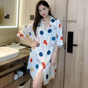 Korean Style New Ice Silk Nightdress Women's Summer Thin Sexy Cardigan Pajamas High-grade Light Luxury Loose Home Clothes Women