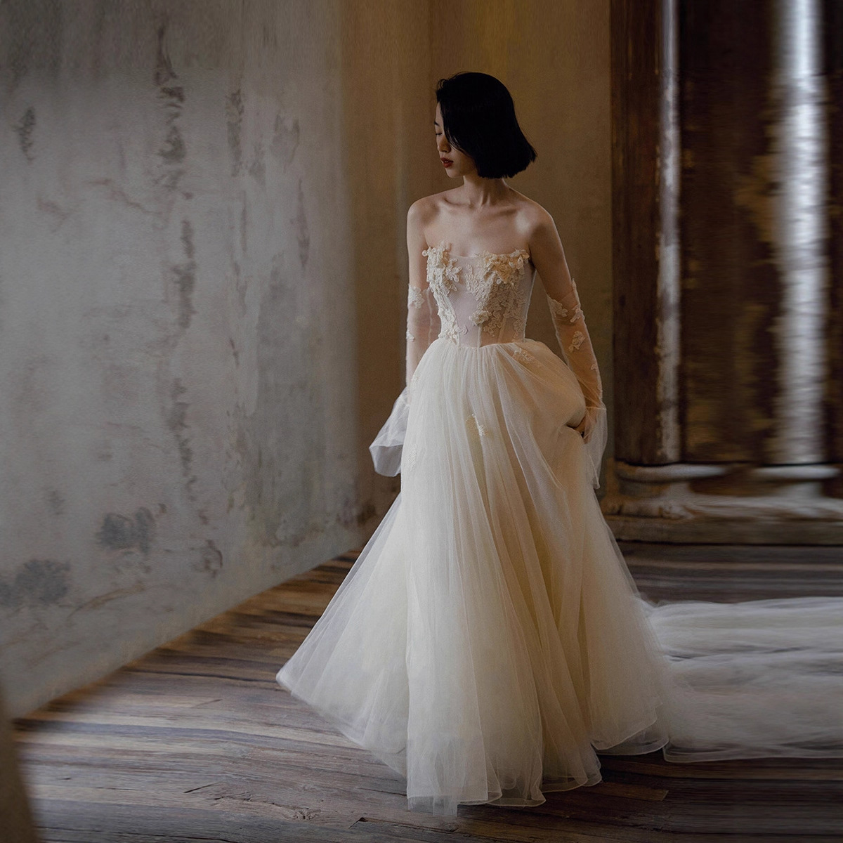 Cross-border Foreign Trade Toast Dress Bride Rice White Fairy Lace Performance Dress Banquet Ball Wedding Dress Evening Dress Adult