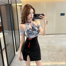 4936跨境外贸女装批发东南亚性感印花撞色改良旗袍包臀露肩连衣裙