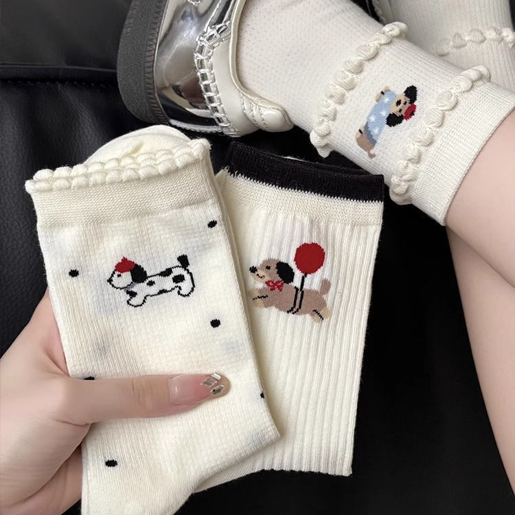 Cute Puppy Mesh Socks for Women, College Style with Jk Mid-Calf Socks, Trendy Lace Design, Versatile Long Socks for Spring and Summer