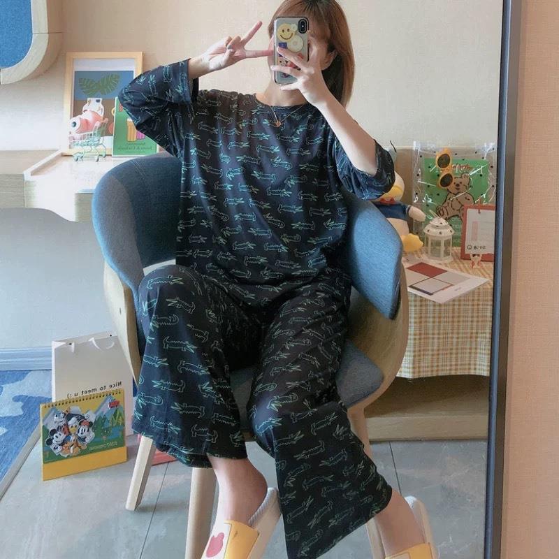 긴 소매 잠옷 여자의 봄과 가을 플러스 사이즈 잠옷 여자의 여름 한국 스타일 아웃웨어 여자의 잠옷 플러스 뚱뚱한 가정 옷 세트