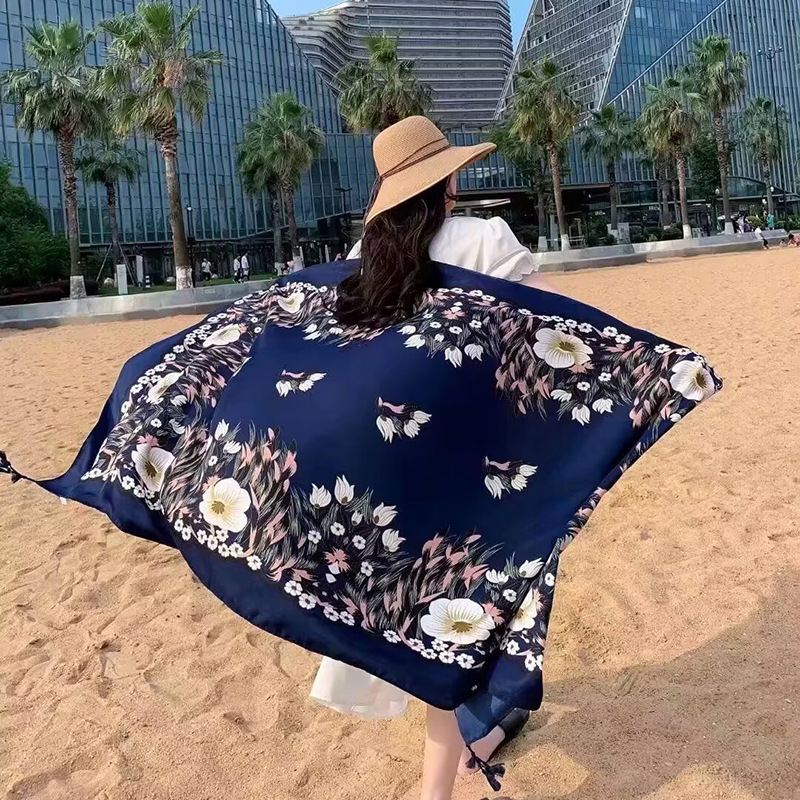Sopa de satén de twill para mujeres 2025 bufandas de viento nacional de verano tibetanas bufandas de seda protector solar lago Qinghai turismo foto toalla de playa