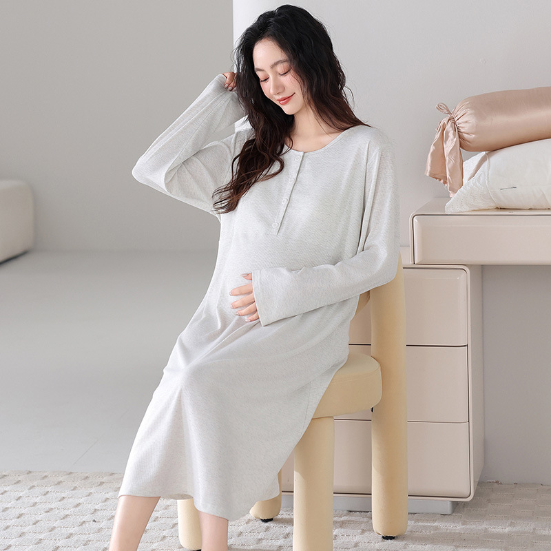 Modal Spring and Summer Nightgown for Pregnant Women with Breast Pads, Thin Prenatal and Postpartum Nursing Confinement Clothes, Long-Sleeved Women's Dress