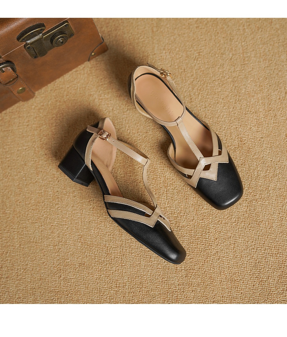 Sandal nữ mũi nhọn quai chữ T gót vuông cổ điển phối màu da bò — đen chi tiết 14
