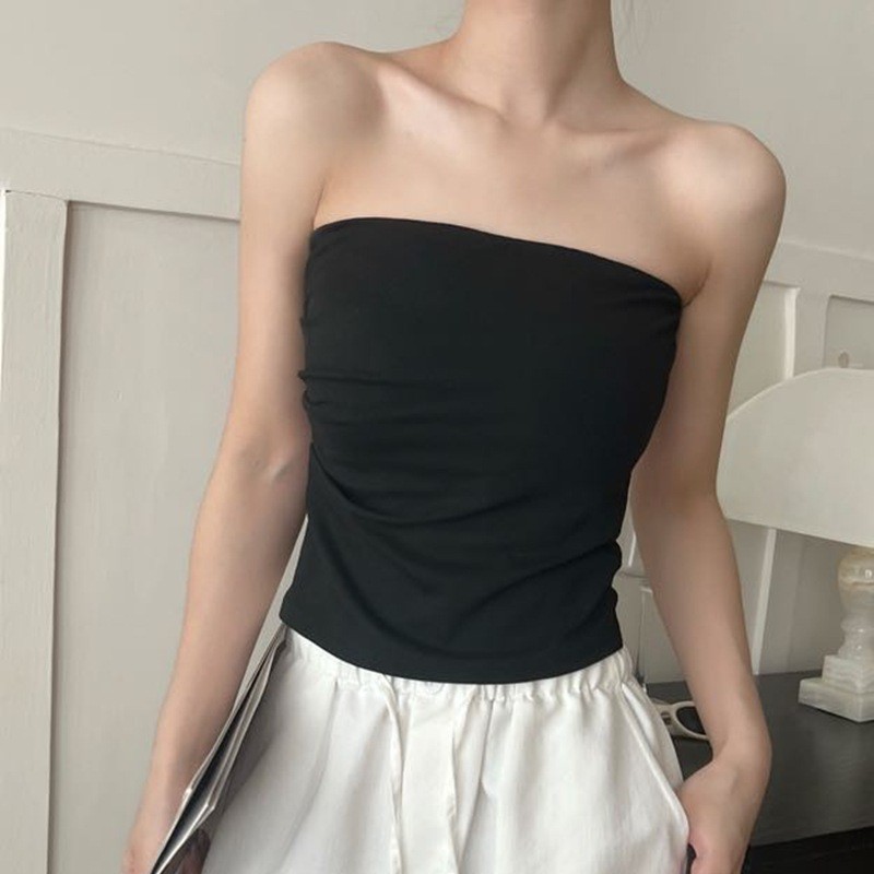 Korean Style Spicy Girl Strapless Bandeau Bra with a Tie Design, Padded, Slim-Fit, Gathered Single-Layer Ruched Top