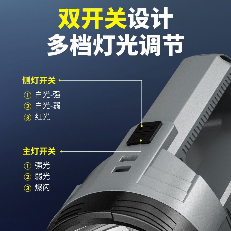 Transfronterizo nuevo recargable súper brillante de largo alcance linterna de luz fuerte reflector portátil multifunción luz de emergencia hogar al aire libre