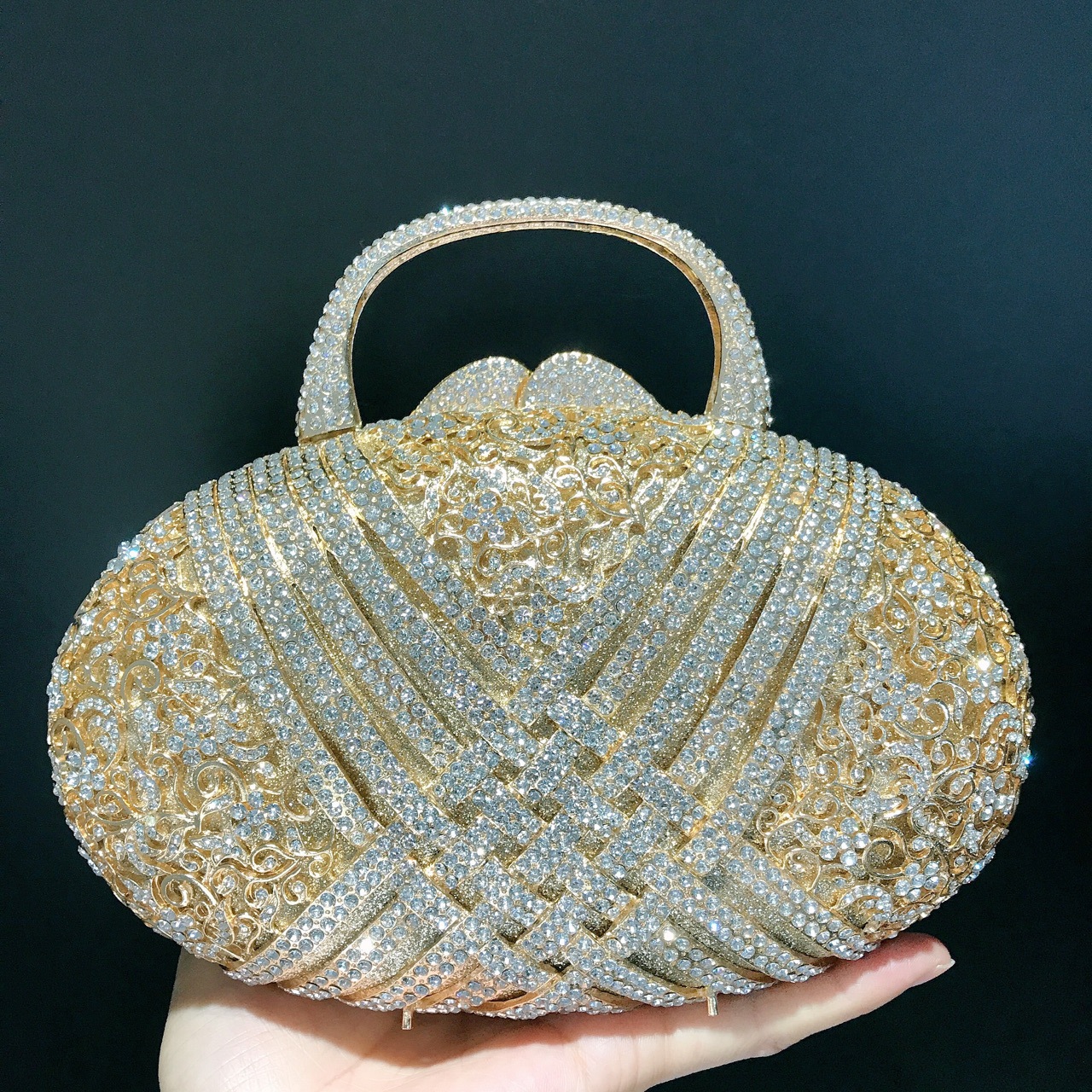 Túi clutch nữ đính đá rhinestone dệt hoa văn, xách tay dự tiệc — Màu vàng