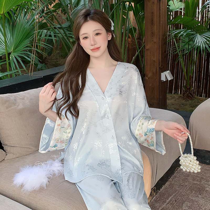 New Ice Silk Pajamas for Women, New Chinese-Style V-Neck Cardigan and Long Pants Two-Piece Set, High-End National Style Loungewear That Can Be Worn Outside New Ice Silk Pajamas for Women, New Chinese-Style V-Neck Cardigan and Long Pants Two-Piece Set, High-End National Style Loungewear That Can Be Worn Outside