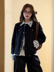 复古格纹拼接外套女秋季新款设计感休闲短款小个子夹克上衣潮