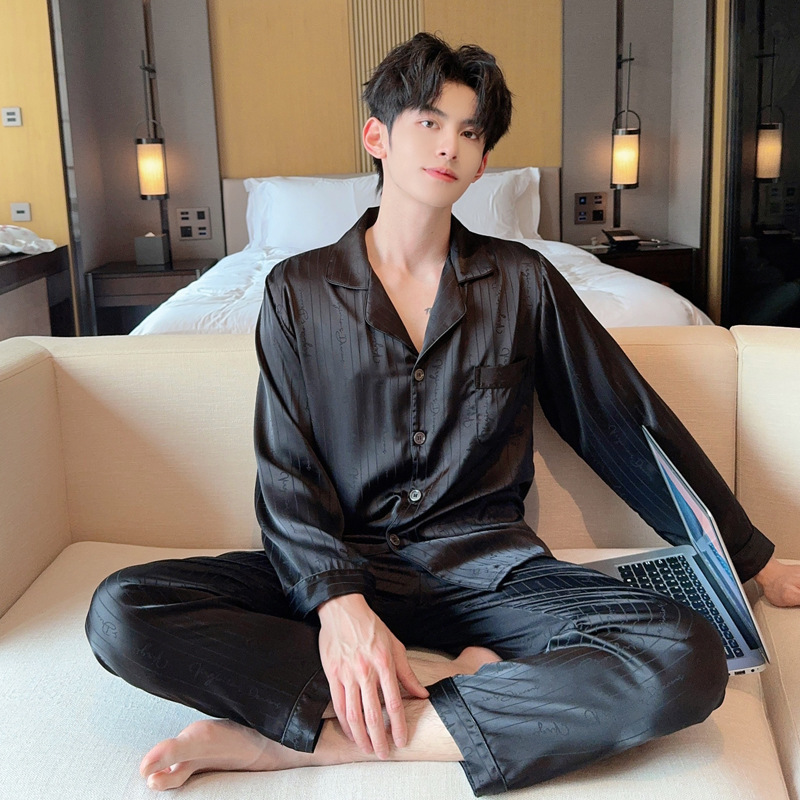 Ice Silk Pajamas Men's Spring & Fall Long-Sleeved Cardigan Simulated Silk Dark Pattern Letters New Simple Home Wear Satin