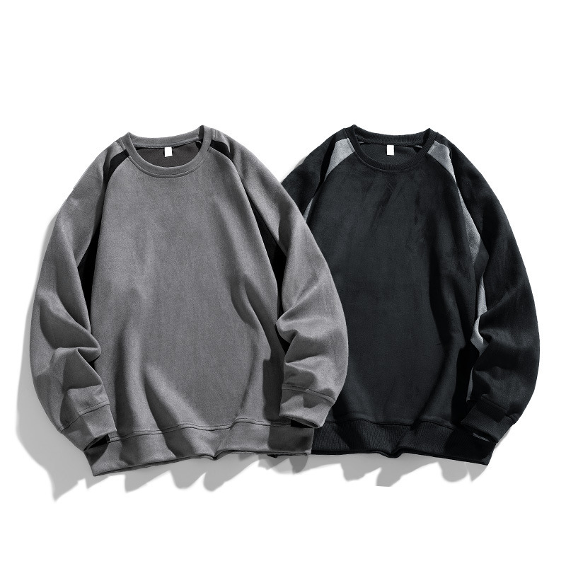 Cross-Border Foreign Trade Retro Trendy Brand Suede Splicing Round Neck Sweatshirt Men's American Loose Couple Versatile Pullover Top Cross-Border Foreign Trade Retro Trendy Brand Suede Splicing Round Neck Sweatshirt Men's American Loose Couple Versatile Pullover Top