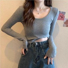 現物長袖tシャツ女性2024低襟春秋冬u襟ねじ綿正肩ガードルU襟底上着女性