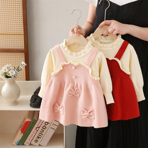 Children's sweater dress 2024 autumn winter new bow Christmas dress kids' dress