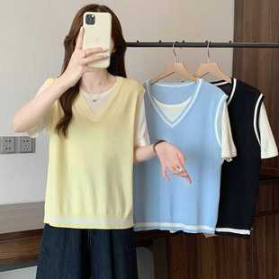 Real Shot of Plus Size Women's Clothing 2025 Summer New Fake Two-Piece Knitted Tops Versatile Slimming Look Ice Silk Short-Sleeved T-Shirts