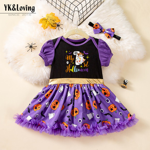 Cross-Border Halloween Children's Costume Baby Romper Dress with Puff Sleeves in Black, Purple, and Orange, Including a Dress and Hair Accessory 2-Piece Set