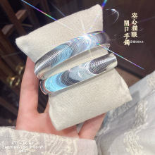 足银9999猫眼银手镯女拉丝纯银手环空心开口镯子生日情人节礼物