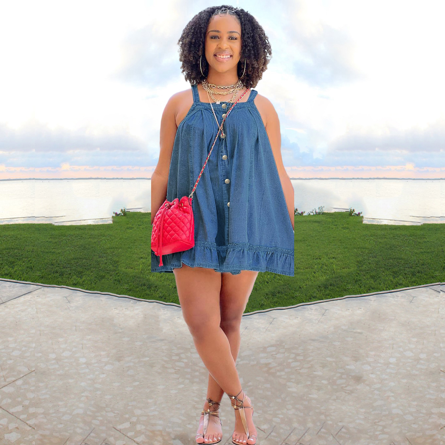 women's clothing Solid color suspenders button pocket loose washed denim dress_mkmklike.com