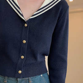 日系学院风海军领长袖毛衣女秋装条纹拼接气质上衣减龄百搭针织衫