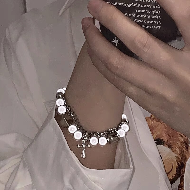 Awesome Sweet Cool Style Cross Stitching Reflective Pearl Bracelet Female Ins Niche Design Hip-Hop Trendy Men's Hand Jewelry
