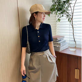 韩版polo衫正肩短袖t恤女2025年夏季别致上衣针织衫洋气显瘦小衫