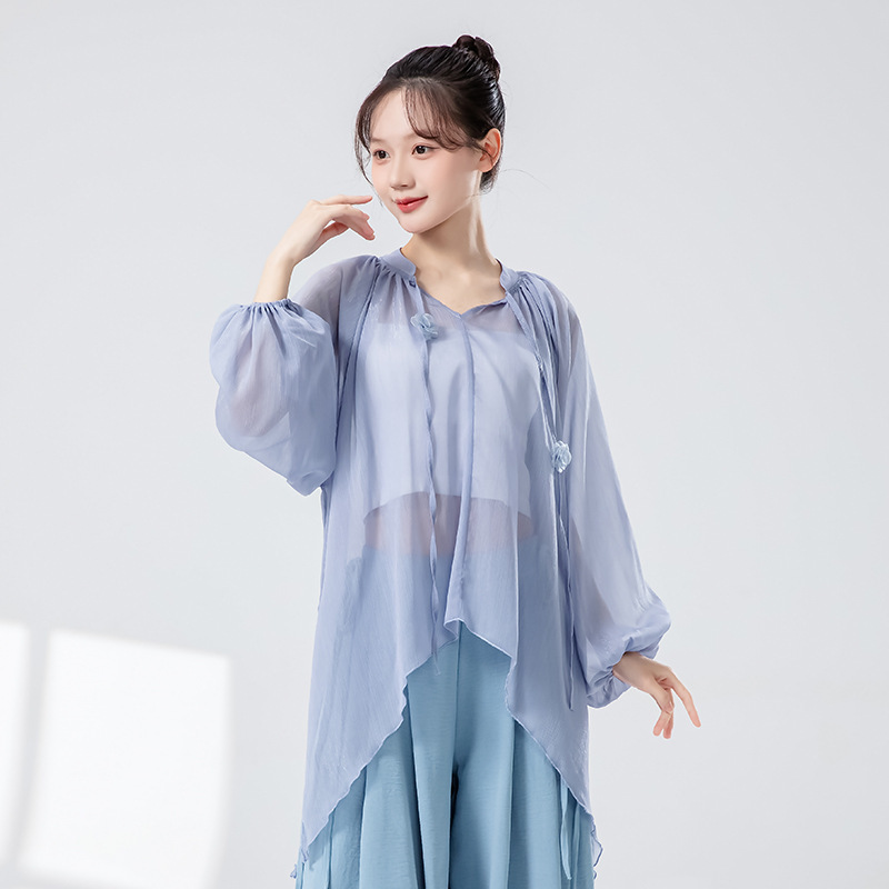 女性用クラシックダンス服、春夏新作、エレガントなガーゼ服、中国舞踊練習服、モダンダンスゆったりトレーニング服|undefined