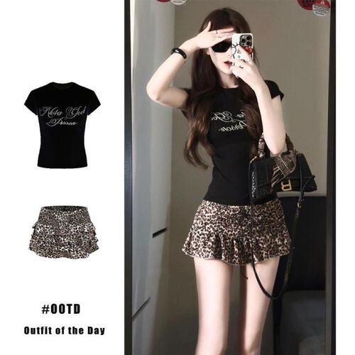 Sweet and Spicy Style Niche Embroidered Short-Sleeve T-Shirt Set for Women Summer Hot Girl Leopard Print Skirt Bodycon Top Instagram
