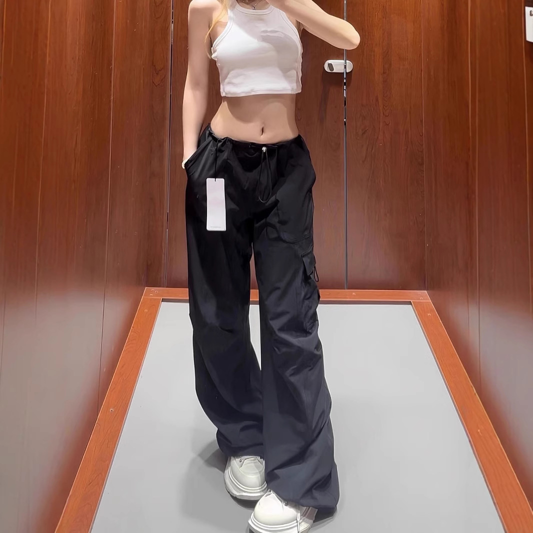 Same Style Gant Work Pants for Women, Summer Model Like Kim Ji-Soo, Drawstring, Thin, Pocketed, Quick-Dry, Wide-Leg Casual Pants