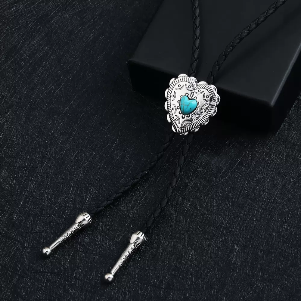 欧美跨境朋克牛仔bolo tie时尚个性爱心蓝松石皮绳毛衣链合金吊坠