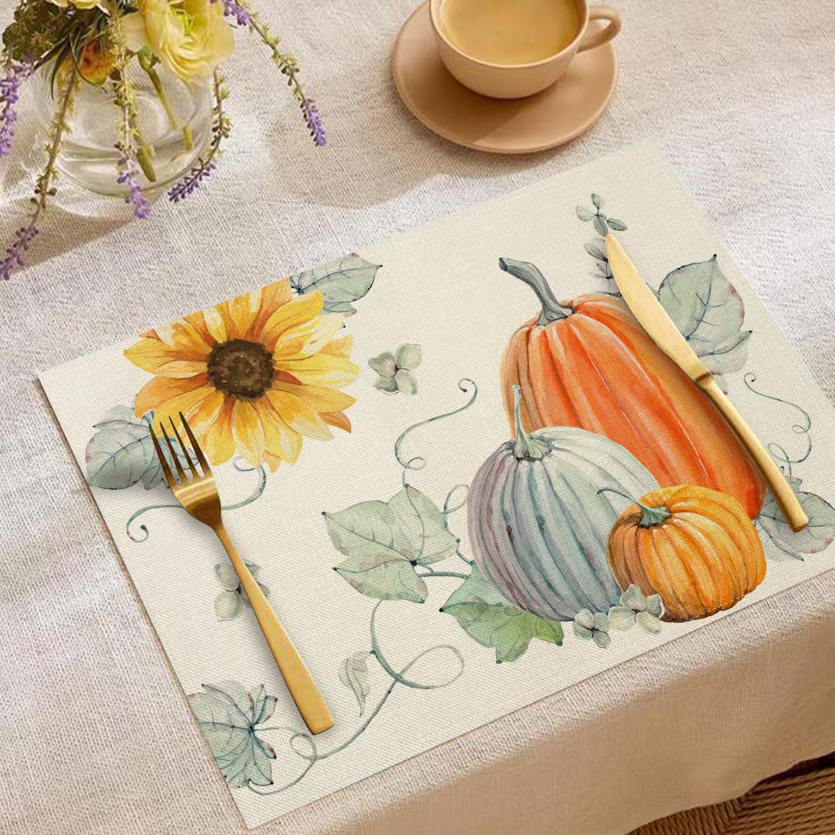 Transfronterizo temu explosión Día de Acción de Gracias otoño calabaza lino estampado conjunto lino estampado mesa de restaurante