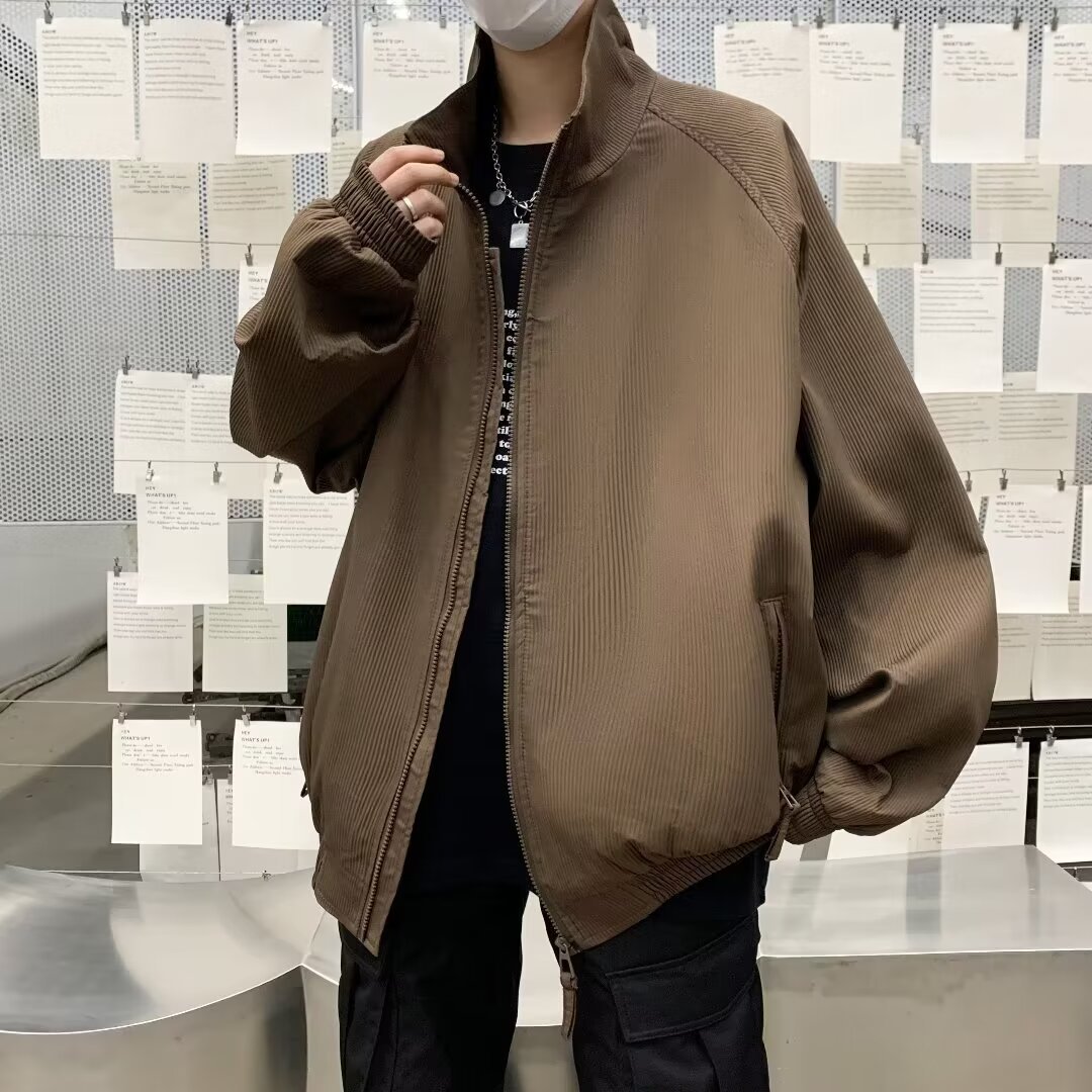 Brown Workwear Jacket for Men, Spring and Summer, Stylish and High-End, Trendy American Solid Color, Japanese Retro Baseball Jacket