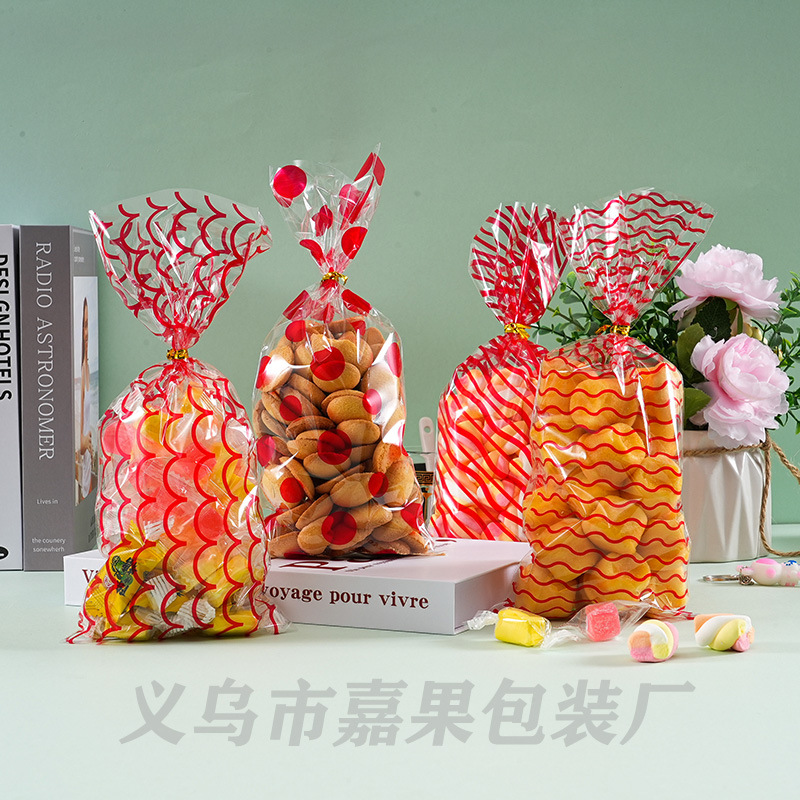 跨境外贸红色圆点条纹印花OPP平口袋节日派对零食小礼品包装袋子