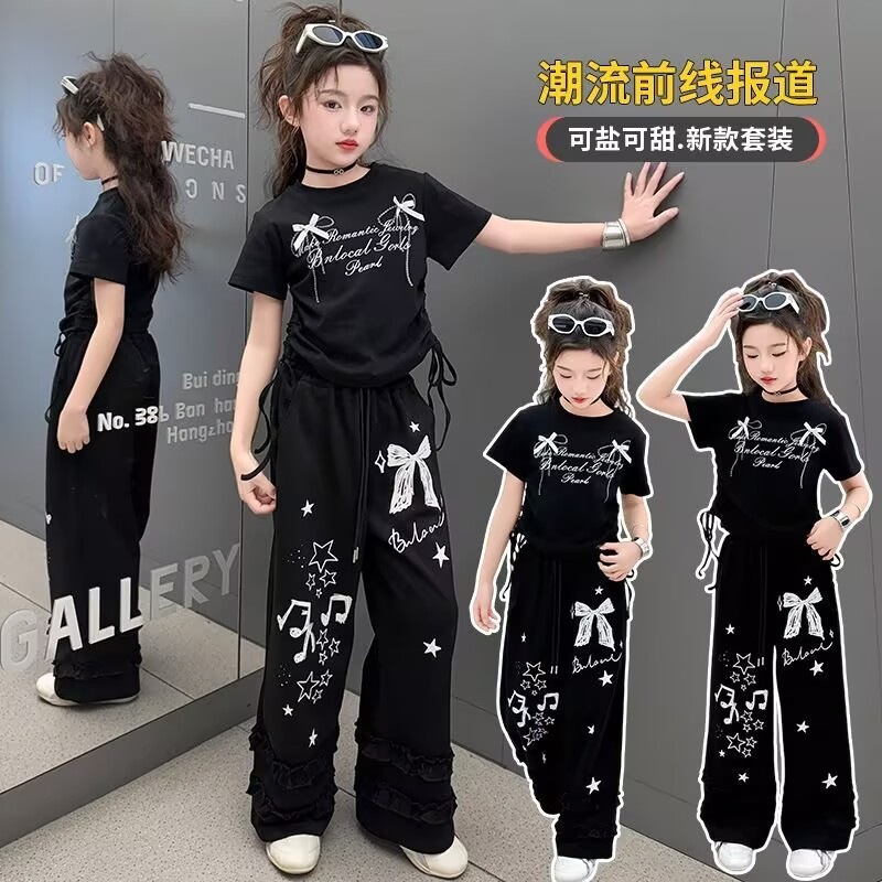 Girls' Bow Tie Set, New Summer Style, Chic and Stylish, Two-Piece Set for Medium and Large Children, Short-Sleeve T-Shirt and Pants