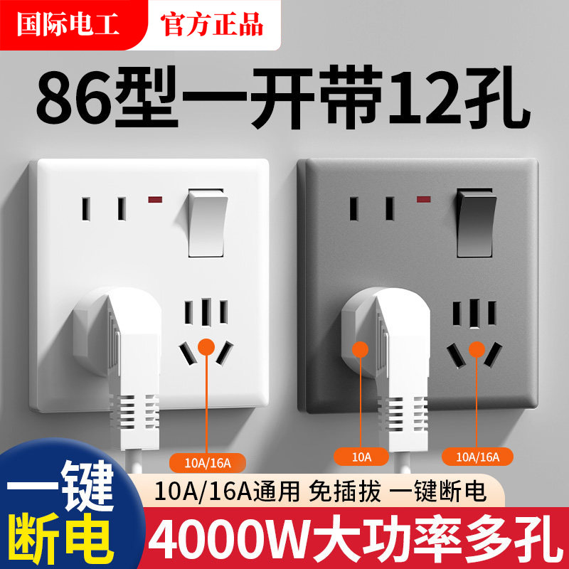 International Electrician Type 86 Single Switch 12-Hole 10A 16A Switch Socket Panel One-Touch Power Off No Need to Unplug for Replacement