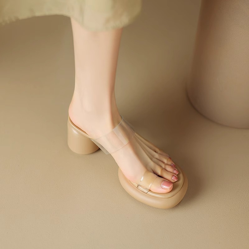 Wanziyan French Transparent High-heeled Sandals for Women Summer Outer Wear Thick-soled Coarse-heeled Comfortable Soft-soled Sandals