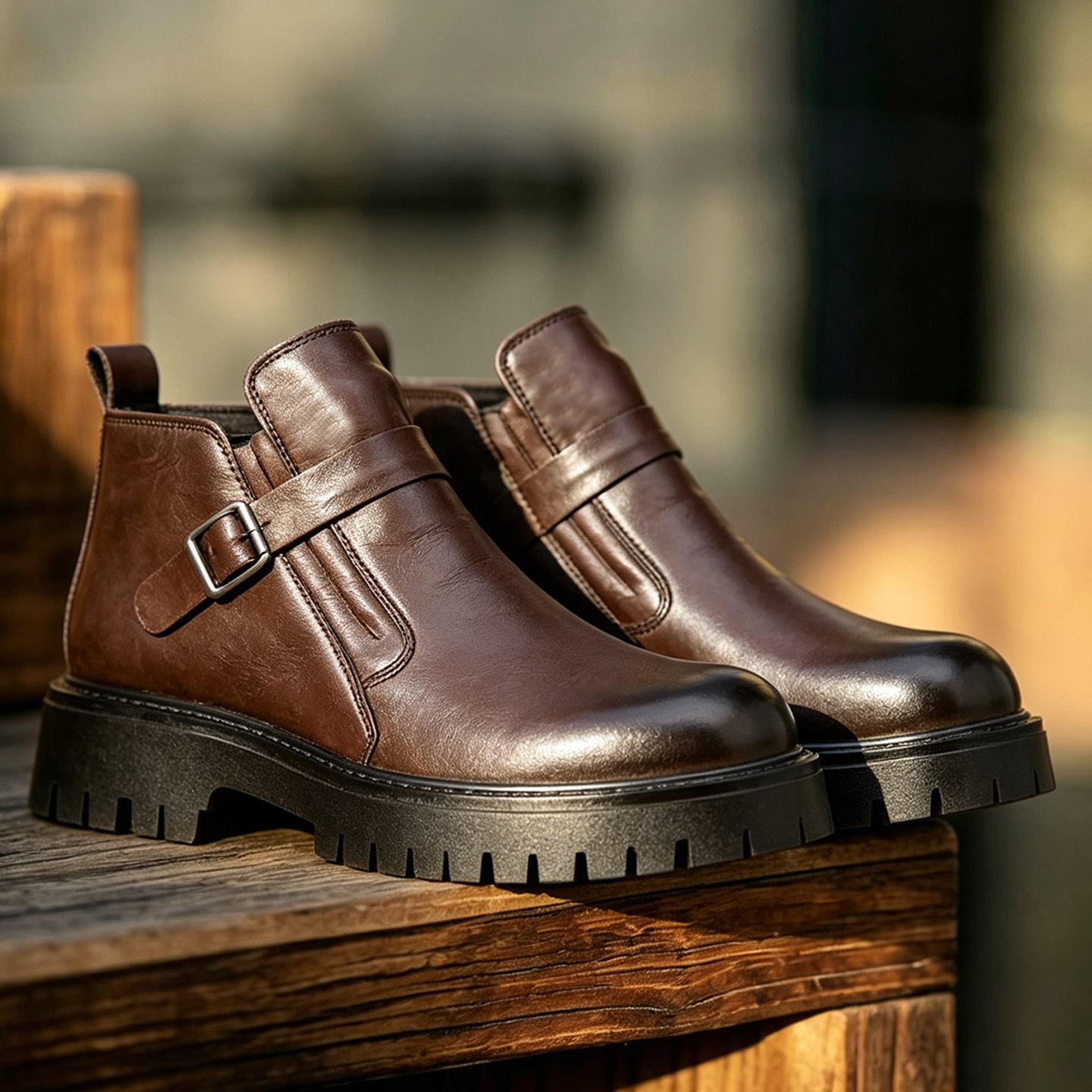 Men's foreign trade leather boots, business style men's Martin boots, chunky heel, thick-soled short boots, men's British style retro large-toe boots