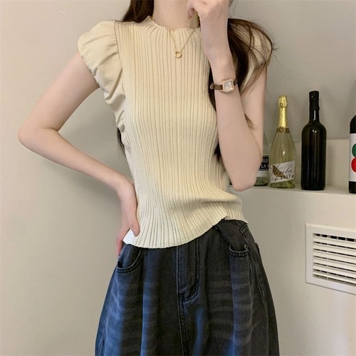 Half-high collar turtleneck solid-color sleeveless knitted top for women, summer thin fit-to-measure slimming innerwear with spliced sleeve cuffs