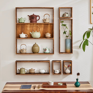 Wall-Mounted Solid Wood Chinese-Style Multi-Treasure Shelf for Tea Cups, Tea Sets, Teapots, and Purple Clay Pots