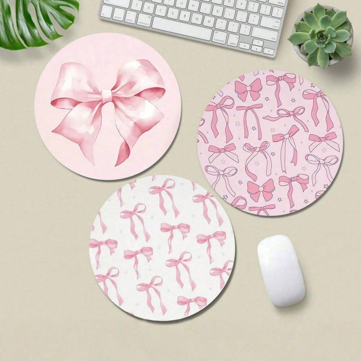 美式圆形粉色蝴蝶结键盘鼠标垫办公桌易打理吸水垫子杯垫一件代发