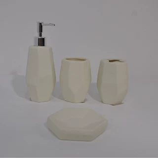 高品质纯白色色釉陶瓷菱形外观设计卫浴乳液瓶口杯皂碟洗漱四件套