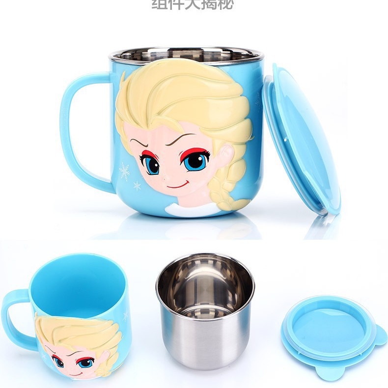 Taza de acero inoxidable para niños de Disney Taza de agua para niños Taza de agua para bebés Taza de leche casera anticaídas Set de cubiertos para bebés
