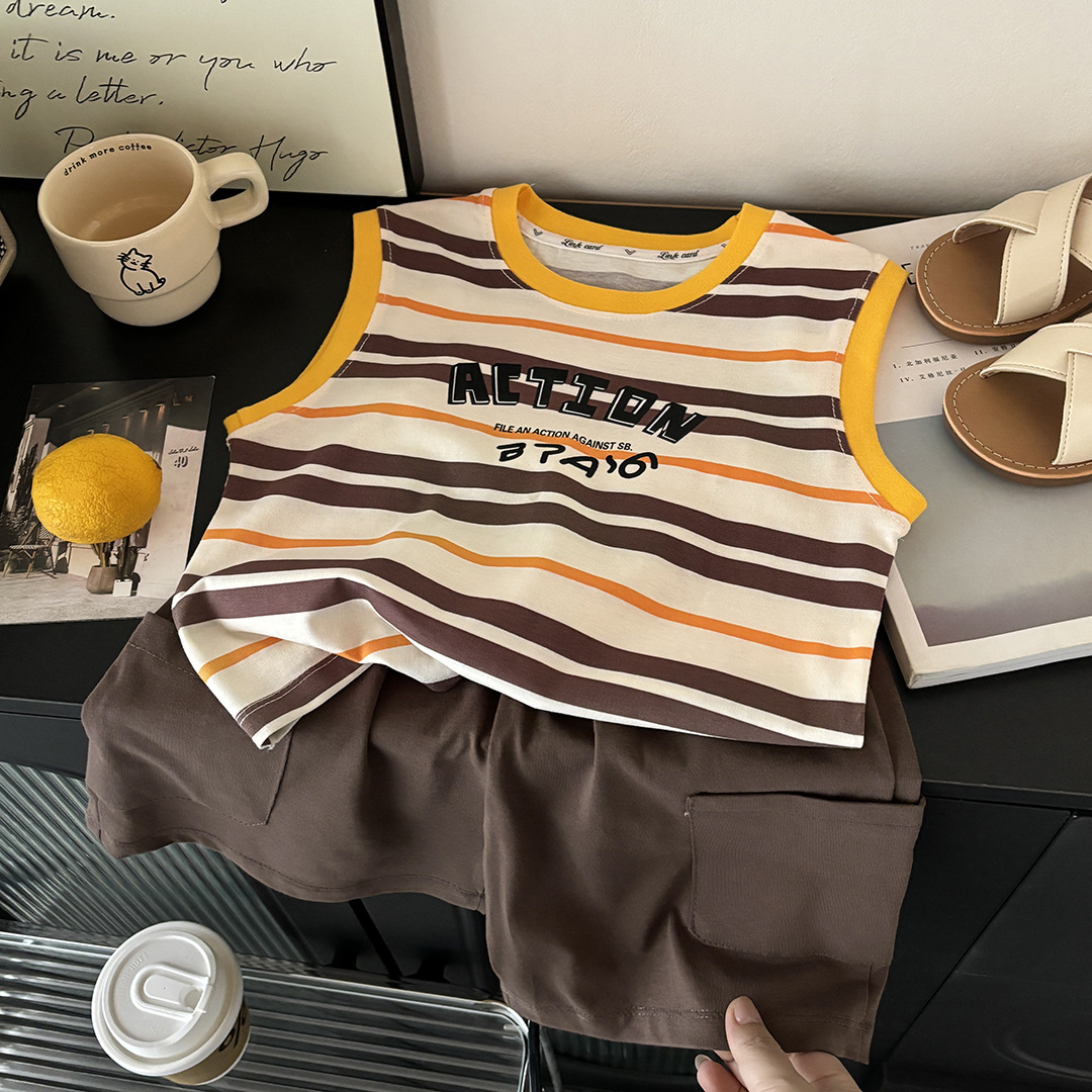 2026 chaleco de niños de algodón vestido de verano a rayas pantalones cortos antibacterianos de moda sueltos ropa infantil A