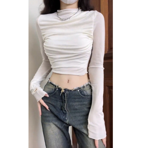 Design-oriented niche off-shoulder short-sleeve sweet and spicy girl base shirt white snow nylon spandex high collar regular long-sleeve women's style