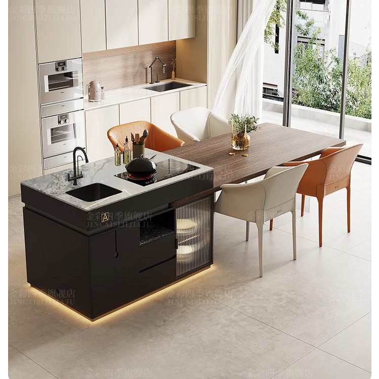 Mesas de madera de alta gama, mesa de comedor, placa de roca retráctil integrada, cocina de inducción con función de fregadero, piso plano de la villa de almacenamiento