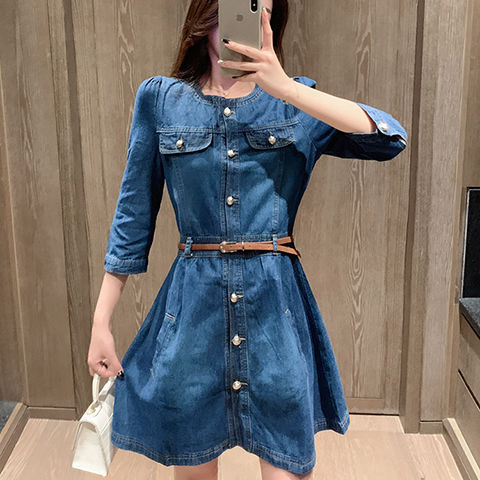 咖色复古牛仔连衣裙女秋季2025新款收腰显瘦A字长袖百褶裙短裙子|undefined