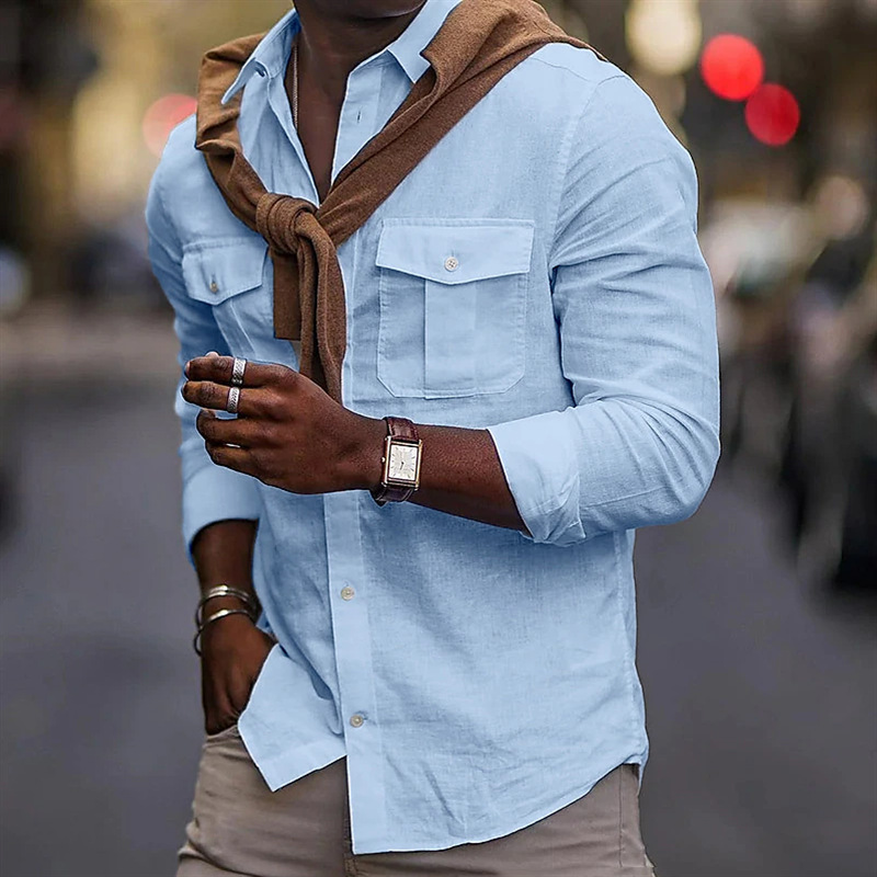 2024 Men's New Solid Cotton Lapel Pocket Shirt_senzul.com