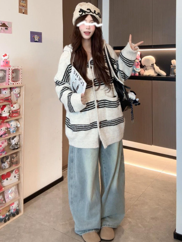 秋冬宽松休闲条纹连帽毛衣外套女中长款慵懒风松弛感针织开衫韩系|undefined