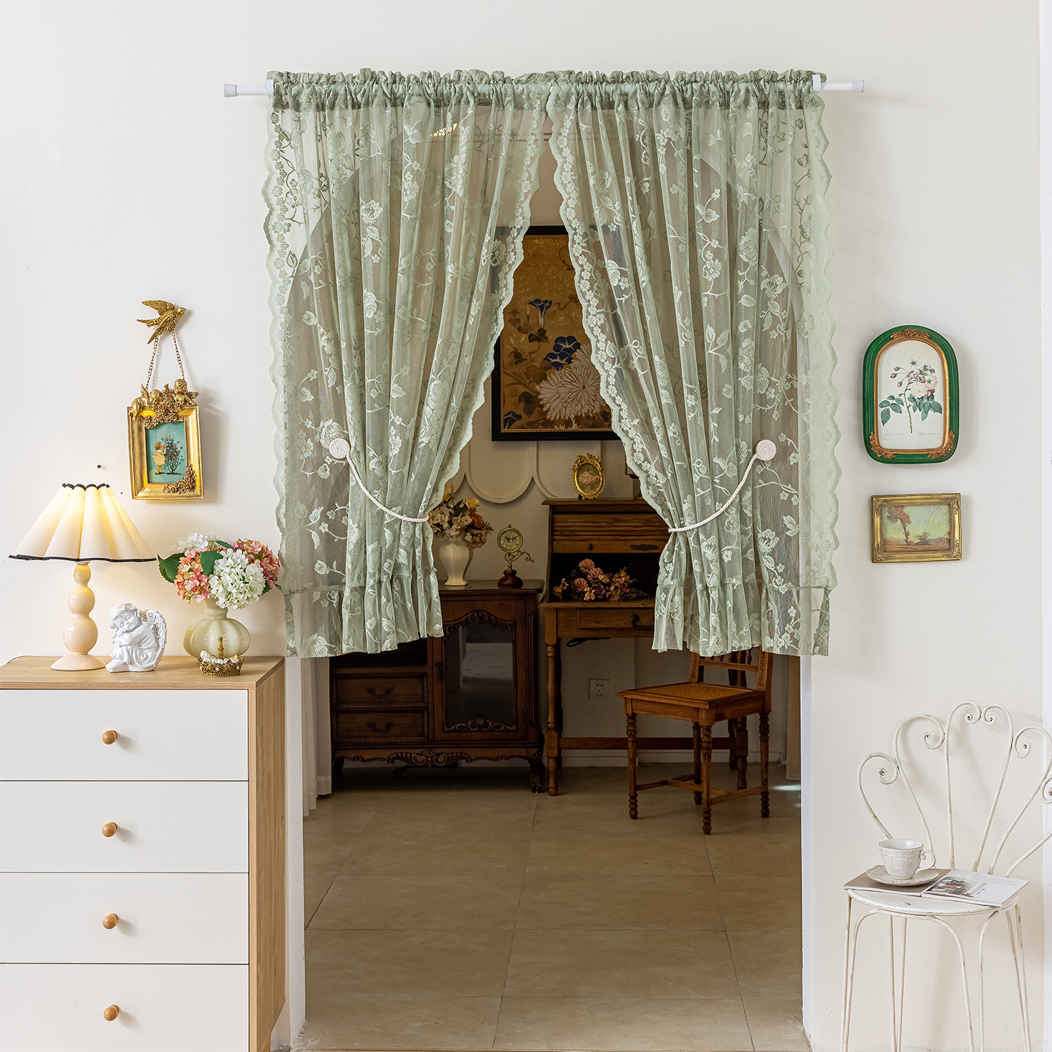 Country-Style Jacquard Floral Lace Sheer Curtain, No-Drill Short Curtain, Embroidered Half Curtain for Bay Windows, Small Windows, Partition Door Curtain