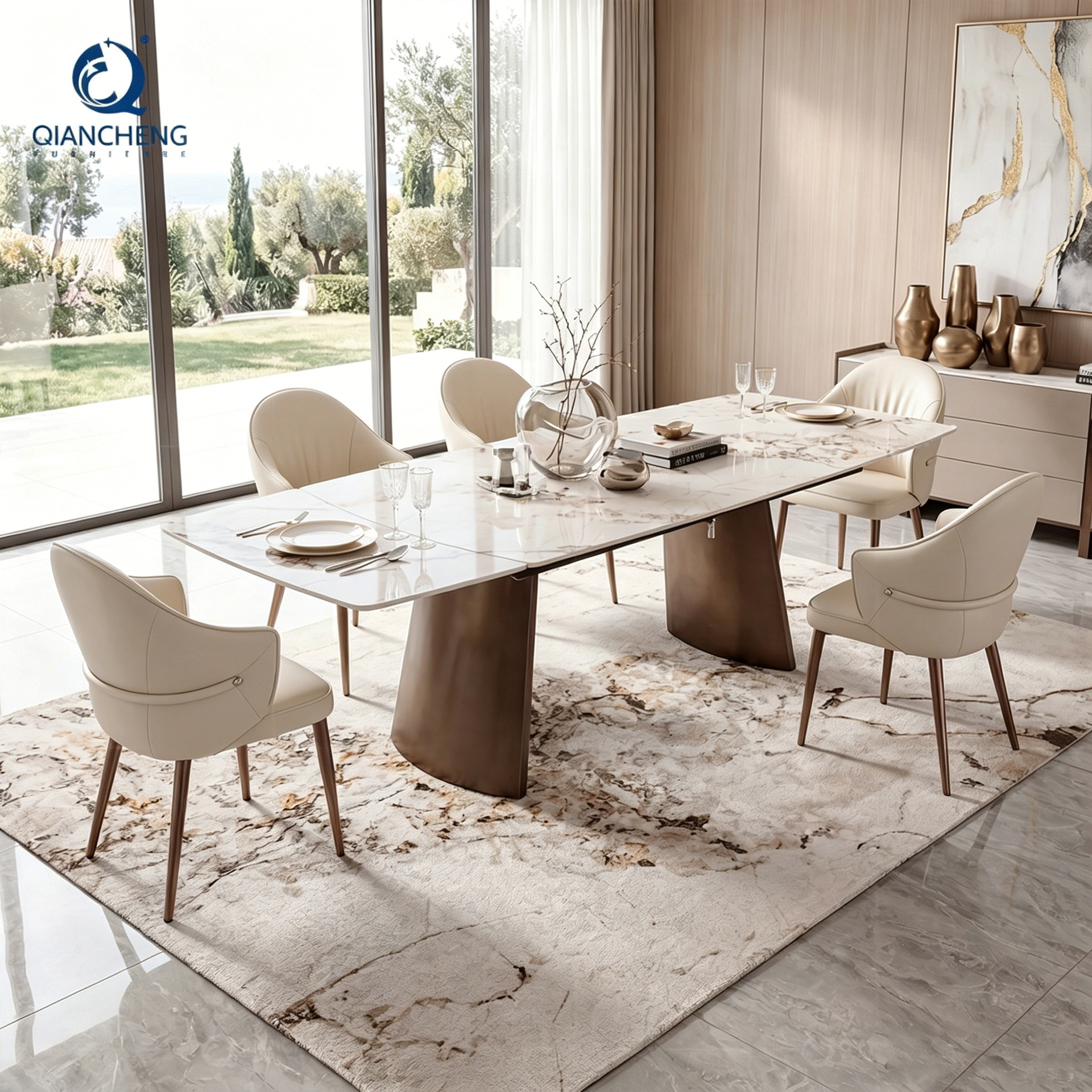 Mesa de Comedor Giratoria Extensible Rectangular de Placa de Roca y Metal para Restaurante image 5