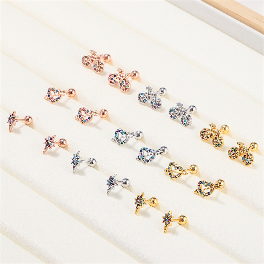 fashion color zirconium copper peach heart star ear bone nail creative bicycle screw ball piercing e