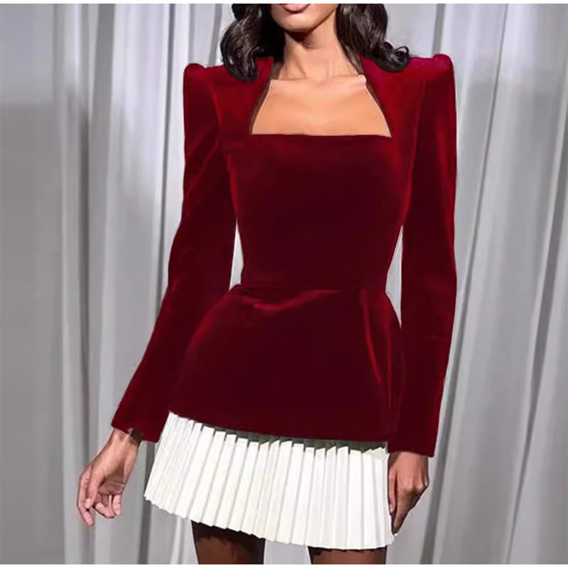 Real Shot-New Fashion Personalized Long-Sleeved Color-Spliced Pleated Hem Velvet Mini Skirt dress Dating Women